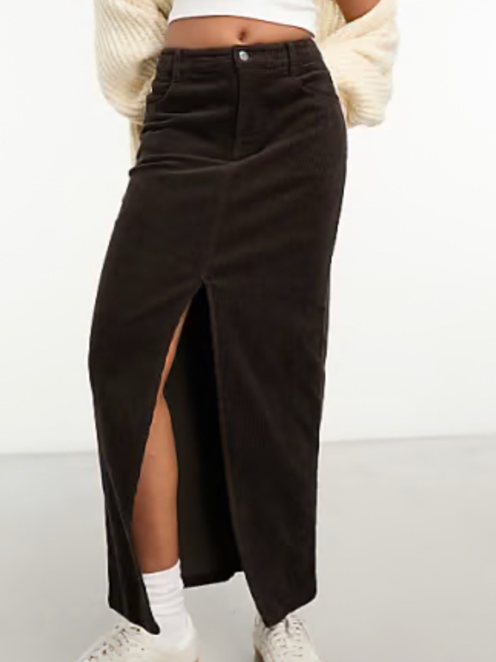 ASOS Dark Brown Corduroy Maxi Skirt with Center Slit